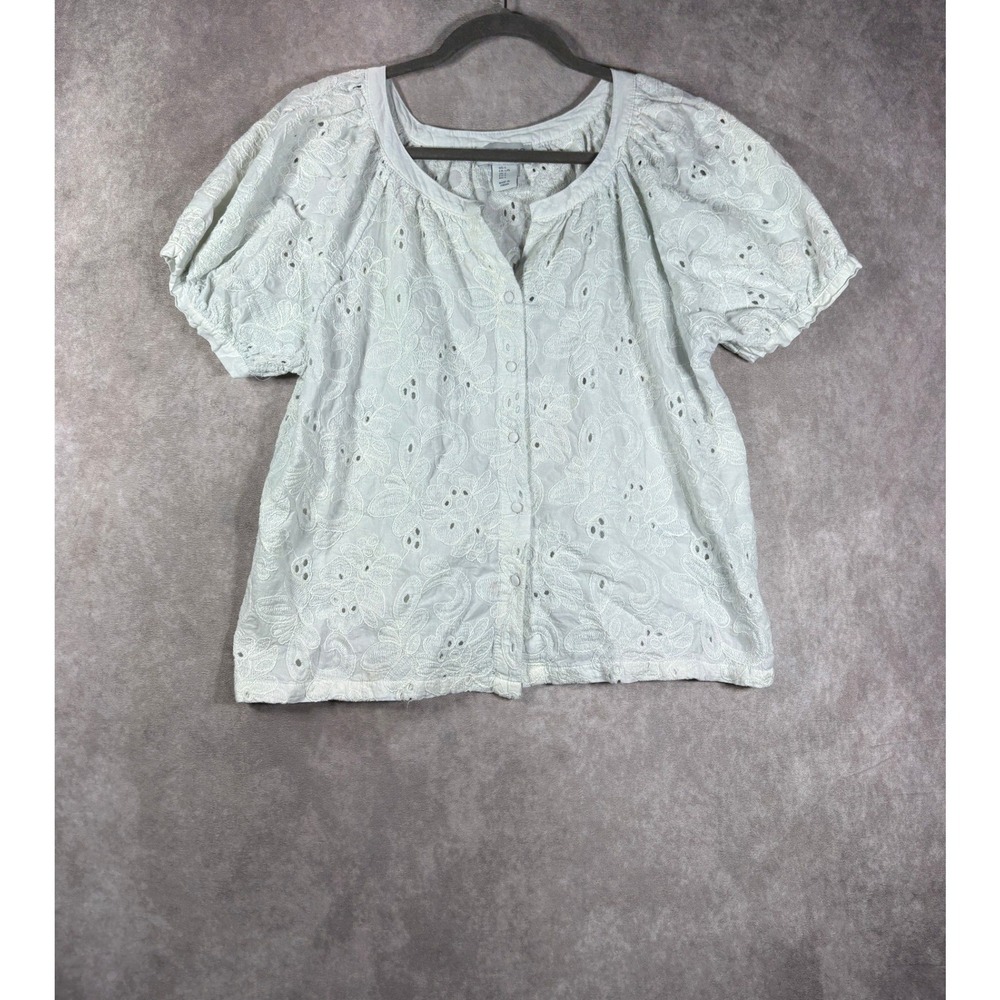 Calypso St. Barth Top Womens Large White Eyelet Button Front Puff Sleeve Boho